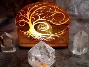 Tealight Holder Whimsical tree gold disc with the back light