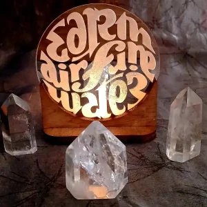 Tealight Holder Earth, Are, Fire & Water silver disc with light